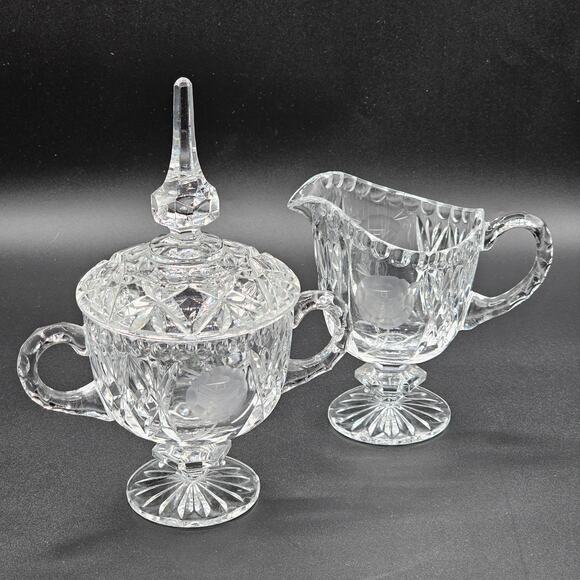 Vintage Clear Glass Crystal Footed Creamer & Sugar Set Etched Rose Pedestal - Picture 1 of 5